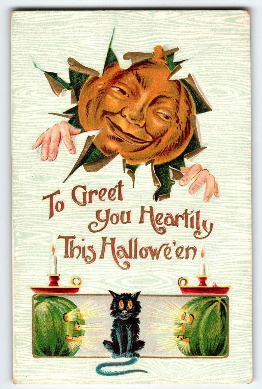 Vintage Halloween Postcard Goblin Head Man 1907-1915 Smiling Pumpkin & Black Cat